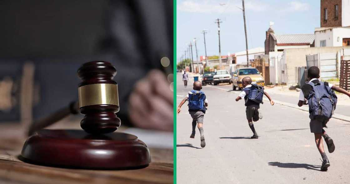 Collage image of a gavel and three children running down the street