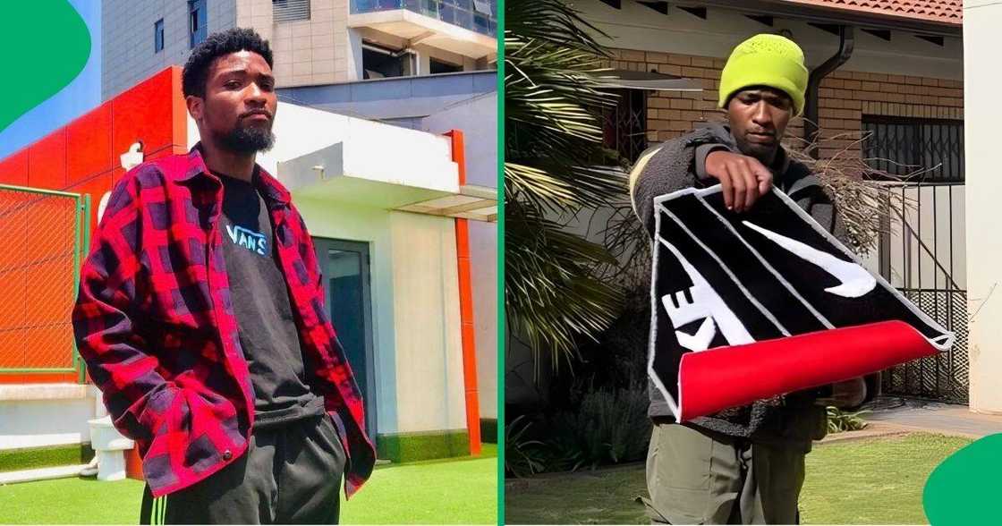 A man makes custom Nike rugs. A man makes custom Nike rugs.