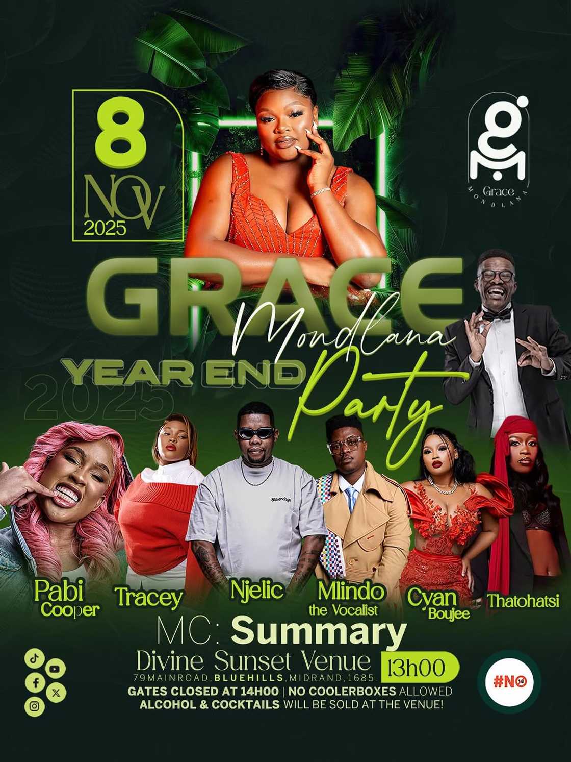 A poster showing the performers for Grace Mondlana's year-end function. A poster showing the performers for Grace Mondlana's year-end function.