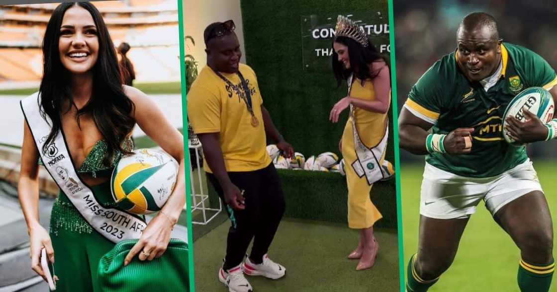 Miss SA 2023 Natasha Joubert joined Springboks' prop Trevor Nyakane in his famous 'Sister Bethina' dance. Miss SA 2023 Natasha Joubert joined Springboks' prop Trevor Nyakane in his famous 'Sister Bethina' dance.
