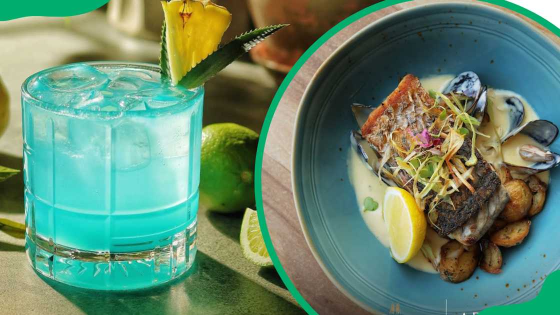 Aduna Bistro's cocktail (L). Pan-seared Seabass (R) Aduna Bistro's cocktail (L). Pan-seared Seabass (R)