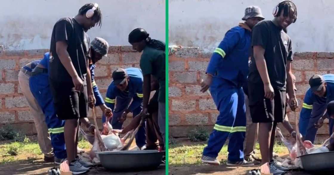 man wearing headphones during goat slaughtering man wearing headphones during goat slaughtering