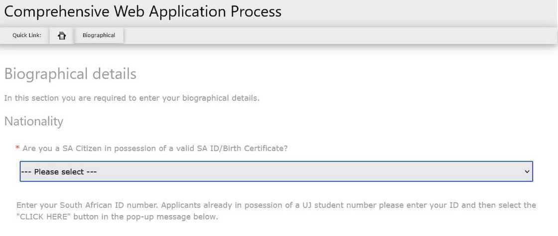 A screenshot of the UJ registration webpage