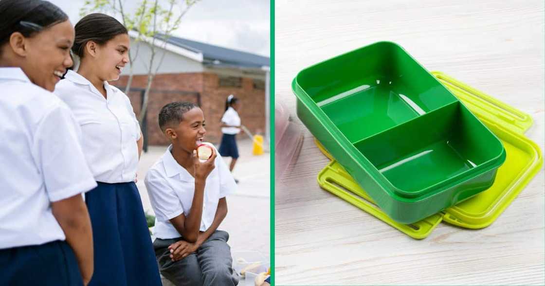 School children on lunch break, green lunchbox.