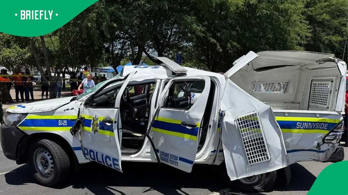 The police vehicle following the crash in Sunnyside, Pretoria.