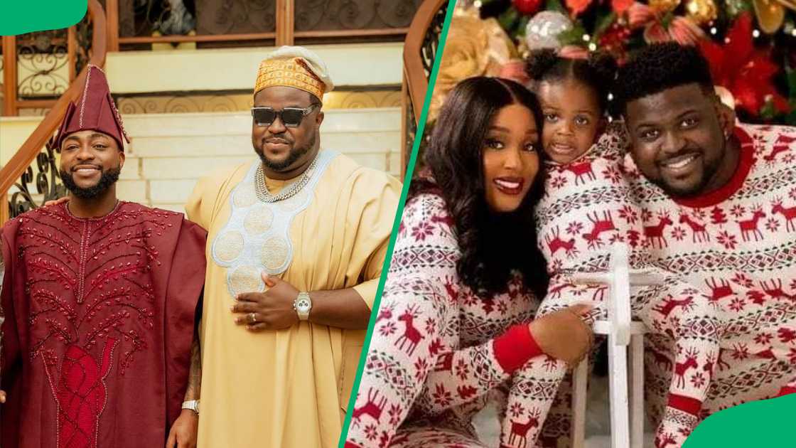Adewale takes a picture with Davido and another with his wife and kid Adewale takes a picture with Davido and another with his wife and kid
