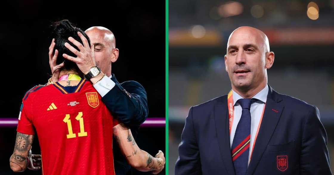 President of the Royal Spanish Football Federation Luis Rubiales (R) kisses Jennifer Hermoso of Spain (L) during the medal ceremony of FIFA Women's World Cup President of the Royal Spanish Football Federation Luis Rubiales (R) kisses Jennifer Hermoso of Spain (L) during the medal ceremony of FIFA Women's World Cup