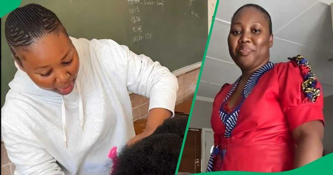 A teacher does her student's hair during lunch time. A teacher does her student's hair during lunch time.