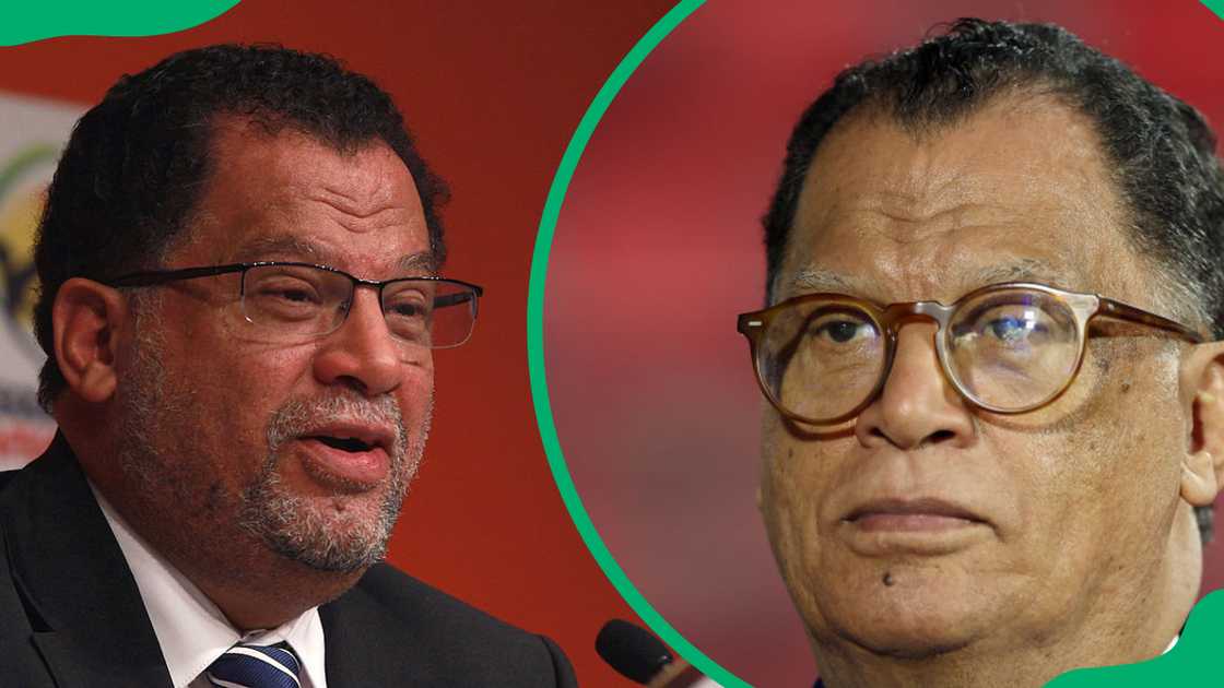 Danny Jordaan speaks to the media during a press conference in 2010 (L). The former politician looks on prior to the FIFA Series 2024 Algeria match (R)