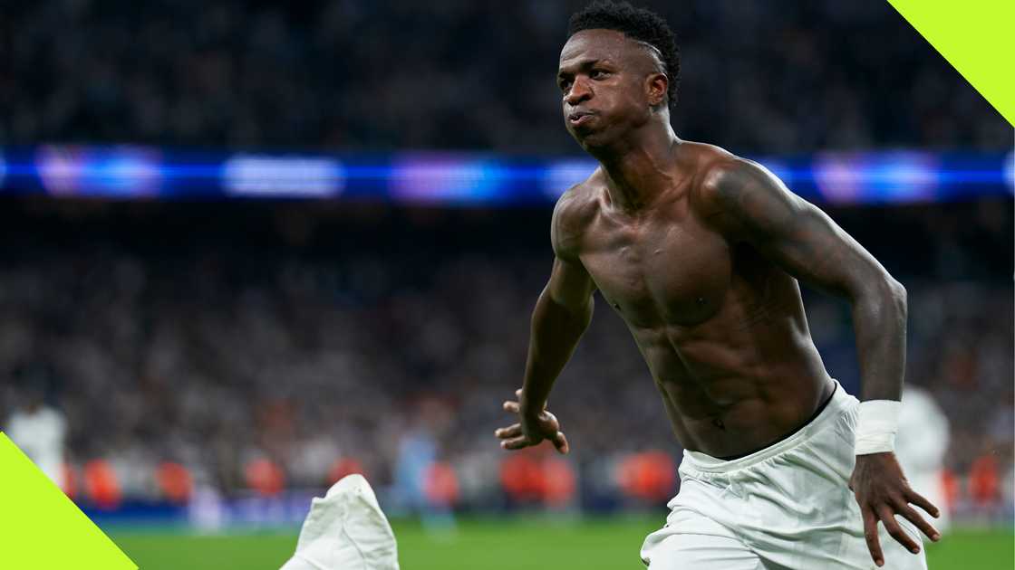 Vinicius Junior wheels away in celebration after completing his hat-trick against Borussia Dortmund in the Champions League. Photo by Mateo Villalba. Vinicius Junior wheels away in celebration after completing his hat-trick against Borussia Dortmund in the Champions League. Photo by Mateo Villalba.