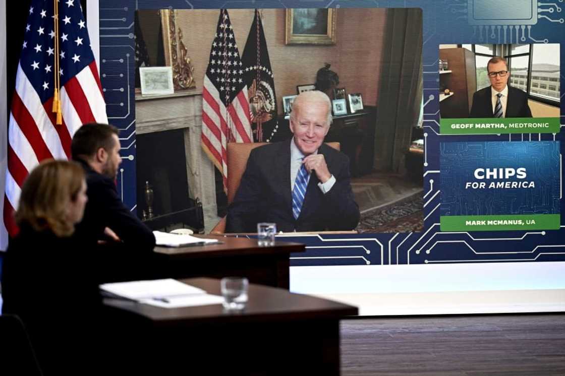 US President Joe Biden speaks virtually with CEOs about the CHIPS Act, a bill to boost domestic semiconductor manufacturing