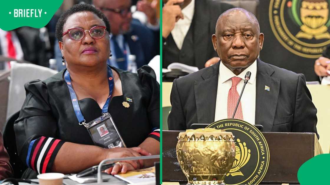 A side-by-side composite image featuring Thoko Didiza on the left and President Cyril Ramaphosa on the right. On the left, Didiza is seated wearing glasses and a black top. On the right, Ramaphosa is seated behind a podium. A side-by-side composite image featuring Thoko Didiza on the left and President Cyril Ramaphosa on the right. On the left, Didiza is seated wearing glasses and a black top. On the right, Ramaphosa is seated behind a podium.