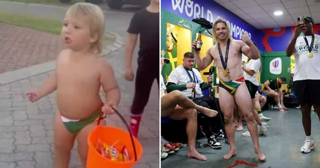 A cute boy was dressed up as his favourite rugby player. A cute boy was dressed up as his favourite rugby player.