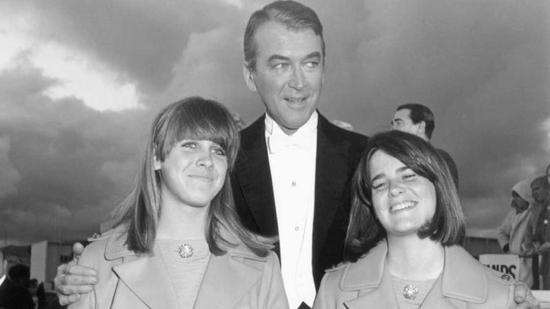 James Stewart with his twin daughters, Judy and Kelly, in Santa Monica, California.