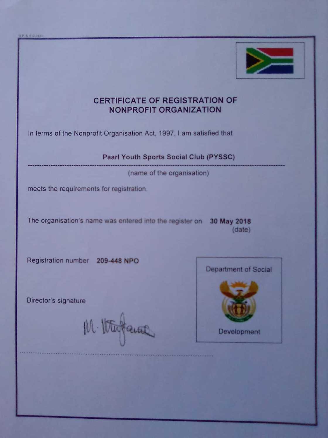 NPO registration certificate