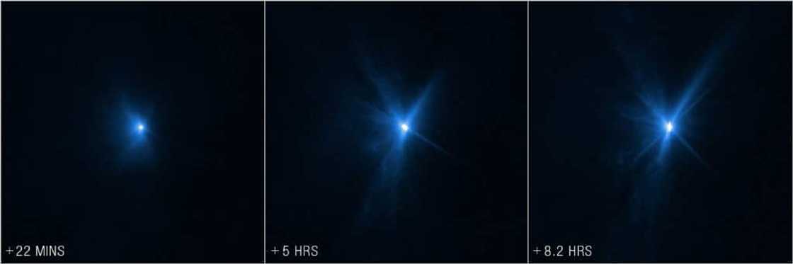 Hubble images from 22 minutes, five hours and eight hours after impact show the expanding spray of matter Hubble images from 22 minutes, five hours and eight hours after impact show the expanding spray of matter