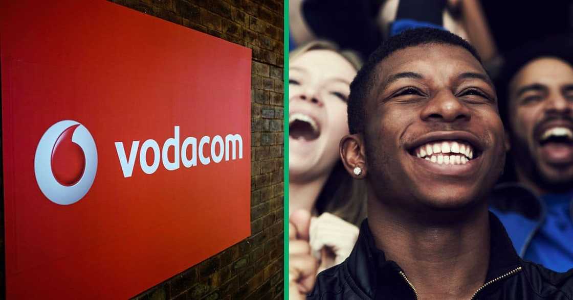 The Vodacom sign, and a group of happy people celebrating The Vodacom sign, and a group of happy people celebrating