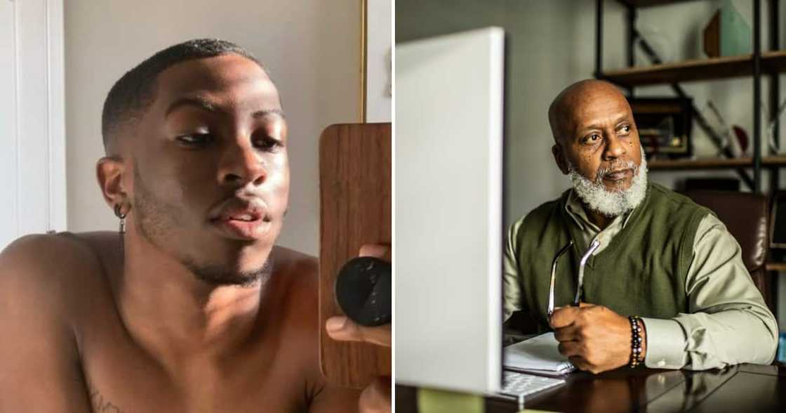 Twitter user @feyiszn and old man working Twitter user @feyiszn and old man working