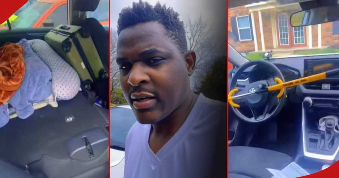 First frame shows the belongings of the man, second frame shows the man and the third shows the locked steering wheel First frame shows the belongings of the man, second frame shows the man and the third shows the locked steering wheel