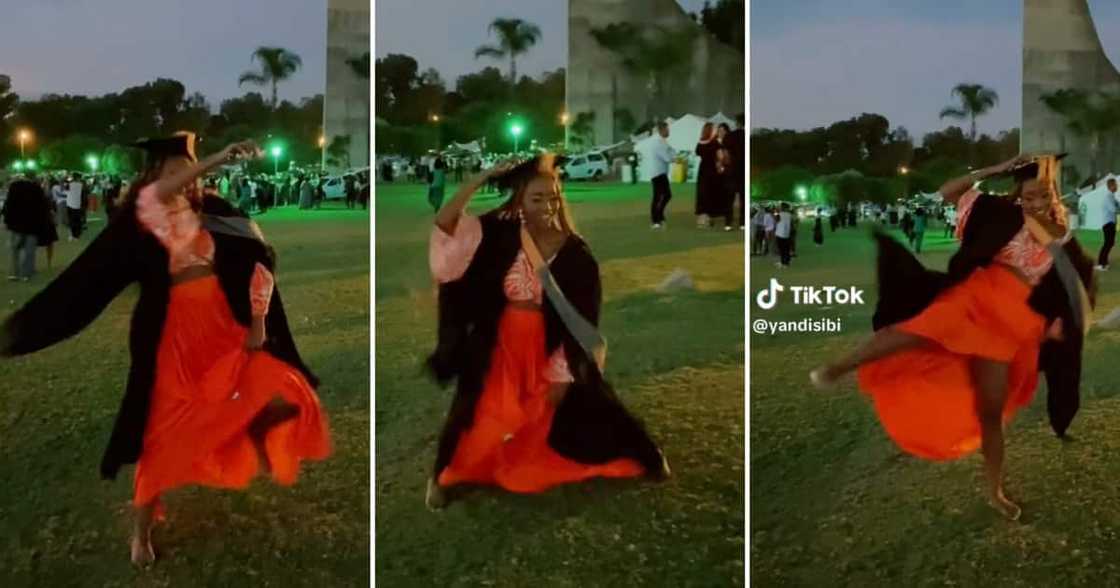 A University of Pretoria graduate celebrates qualification with a barefooted dance