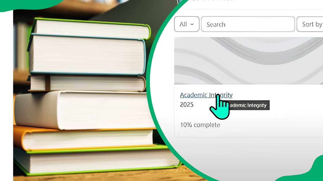 Stack of books (L). Unisa's Integrity Course completion process (R)