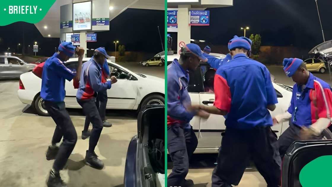 Petrol attendants dancing at the petrol station. Petrol attendants dancing at the petrol station.