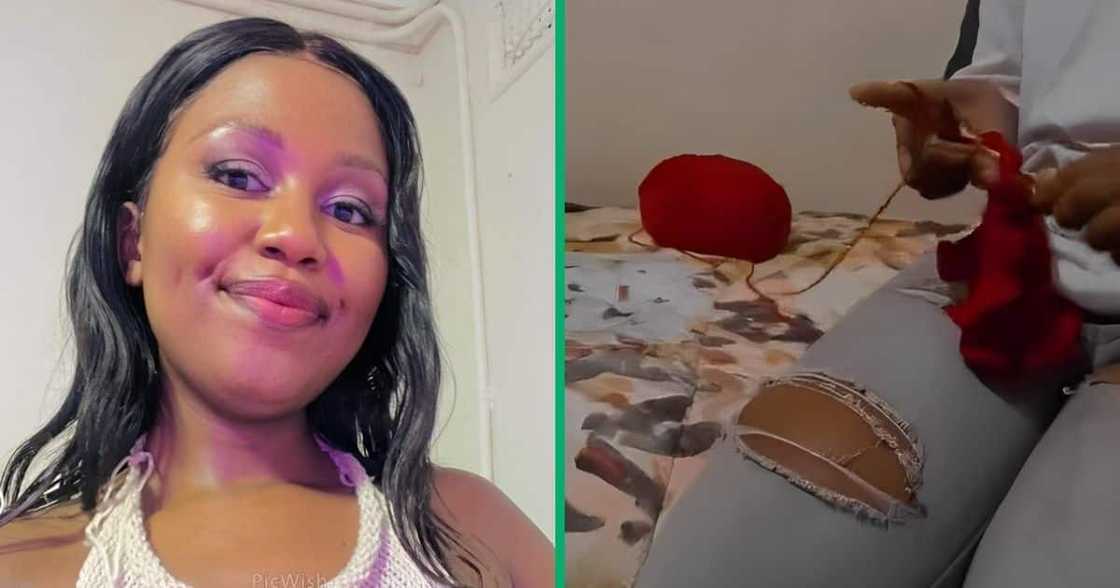 Black woman crochets a dress. Black woman crochets a dress.