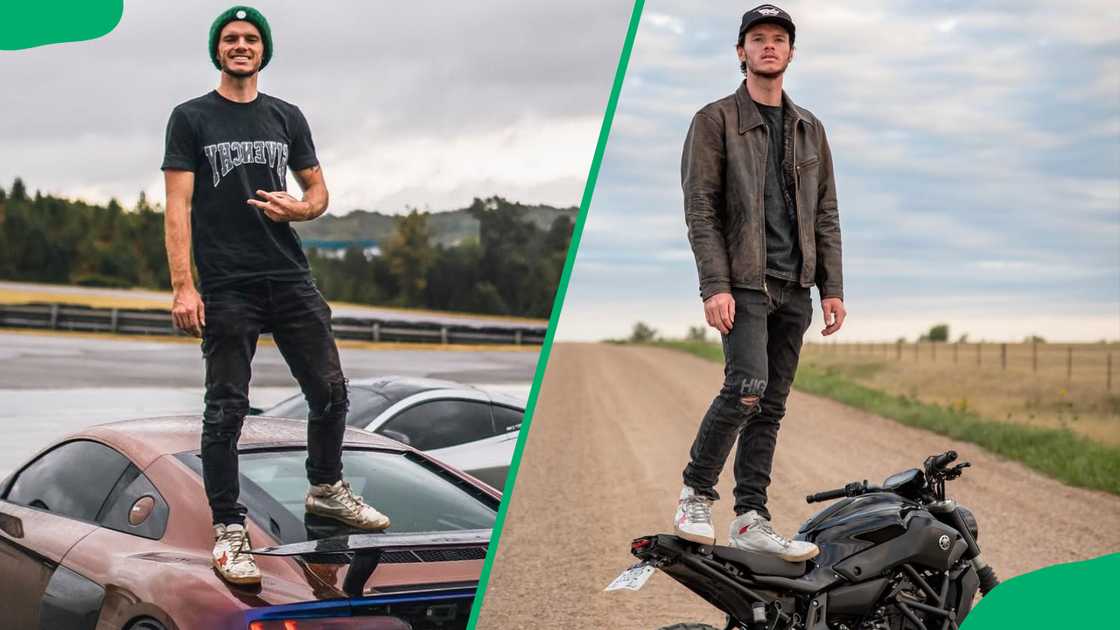 WhistlinDiesel is standing on a car and a bike WhistlinDiesel is standing on a car and a bike