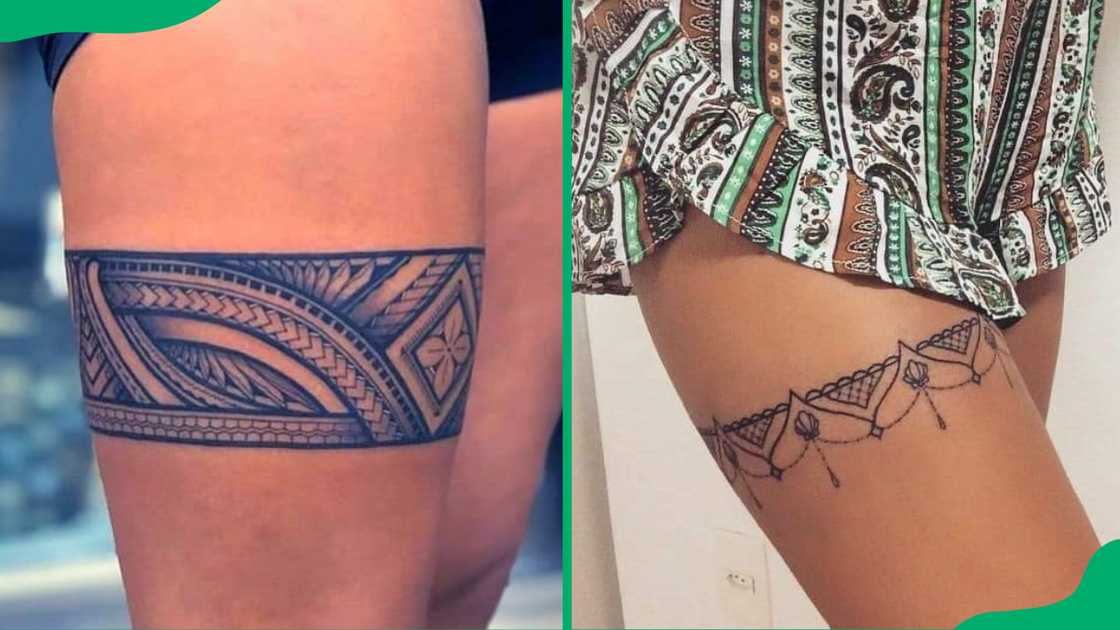 Bow front thigh tattoos.