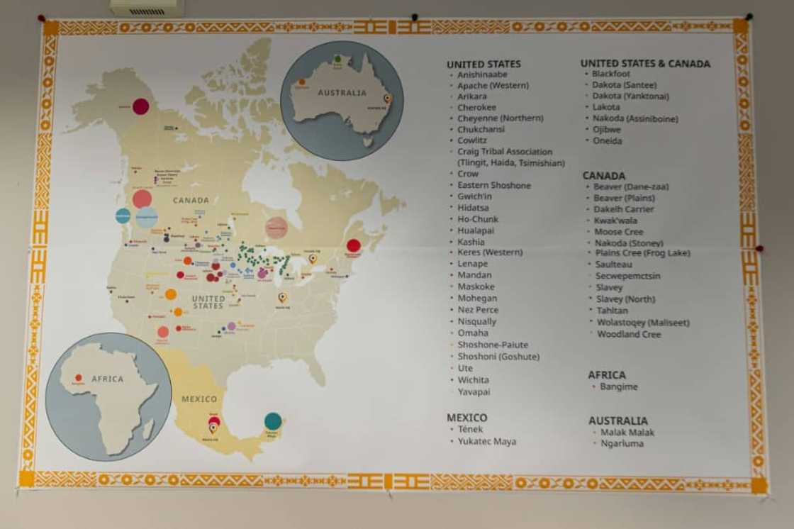 A map showing the regions of North America where language conservation efforts are conducted is displayed at the conference in Bloomington