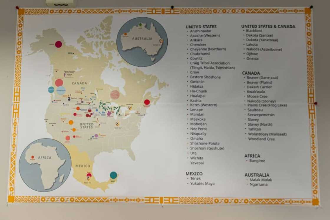 A map showing the regions of North America where language conservation efforts are conducted is displayed at the conference in Bloomington A map showing the regions of North America where language conservation efforts are conducted is displayed at the conference in Bloomington
