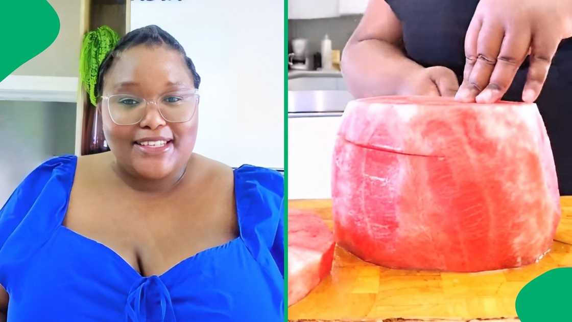 A woman made a cake using watermelon. A woman made a cake using watermelon.