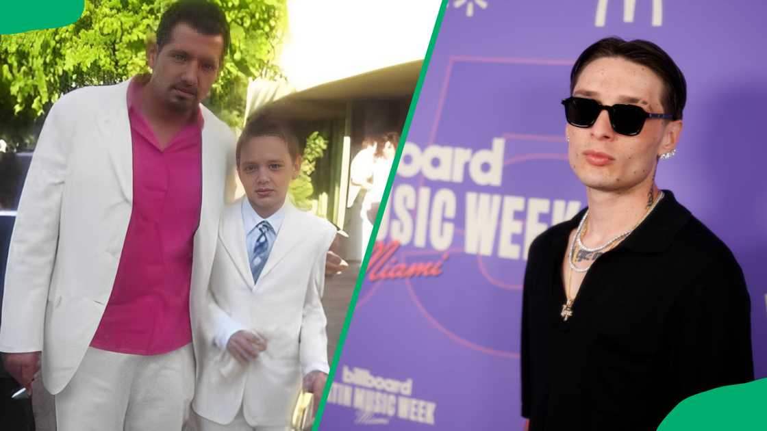 Young Peso Pluma with his father (L). Peso Pluma during Billboard Latin Music Week at the Fillmore Miami Beach (R).