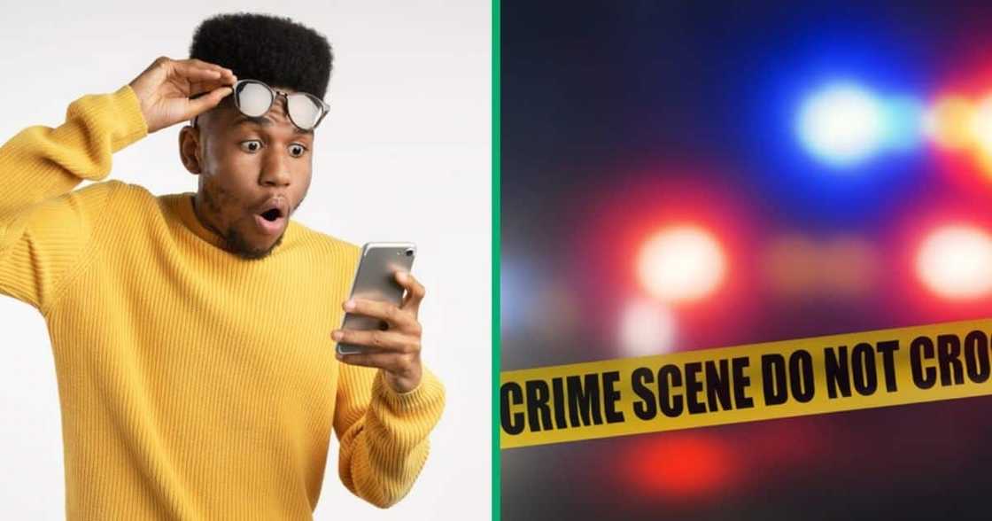 Stock photo of shocked man and image of police banner Stock photo of shocked man and image of police banner