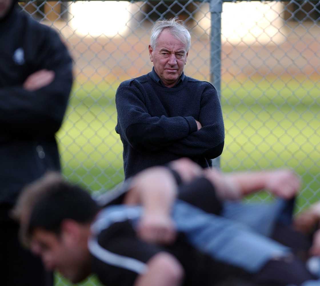 Former All Black coach Laurie Mains is watching the team train at Logan Park Dunedin, New Zealand Former All Black coach Laurie Mains is watching the team train at Logan Park Dunedin, New Zealand