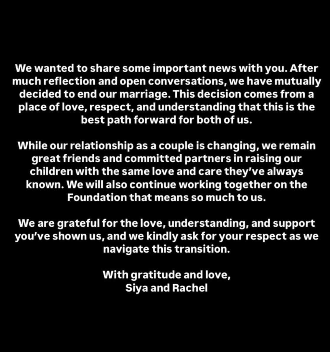 A screenshot of Rachel and Siya Kolisi's divorce announcement. A screenshot of Rachel and Siya Kolisi's divorce announcement.