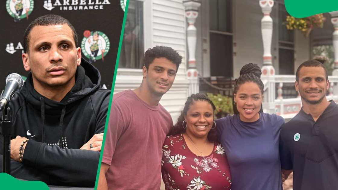 Coach Joe during a 2024 press conference (L). Justin, Gianna, Camai and Joseph (L-R) posing for a photo in 2024 Coach Joe during a 2024 press conference (L). Justin, Gianna, Camai and Joseph (L-R) posing for a photo in 2024