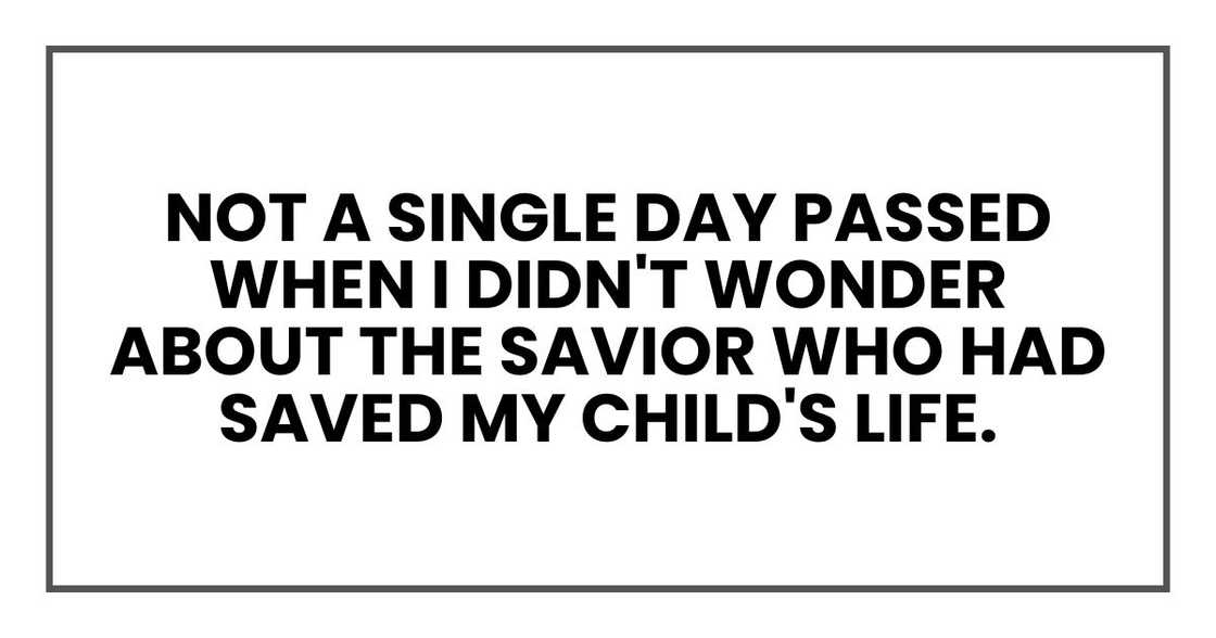 Not a single day passed when I didn't wonder about the savior who had saved my child's life. Not a single day passed when I didn't wonder about the savior who had saved my child's life.