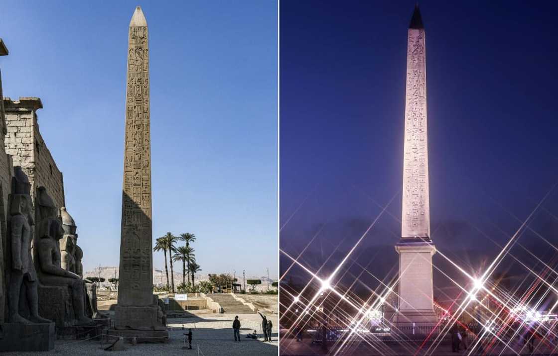 Far from home: The sister obelisk of this one in Luxor, Egypt (left) stands in Paris (right) after being given to France Far from home: The sister obelisk of this one in Luxor, Egypt (left) stands in Paris (right) after being given to France