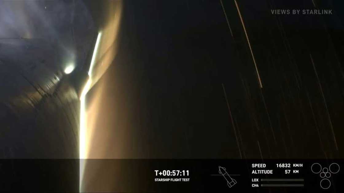 Sparks and debris came flying off SpaceX's starship as it descended over the Indian Ocean northwest of Australia, dramatic video footage from on an onboard camera showed Sparks and debris came flying off SpaceX's starship as it descended over the Indian Ocean northwest of Australia, dramatic video footage from on an onboard camera showed