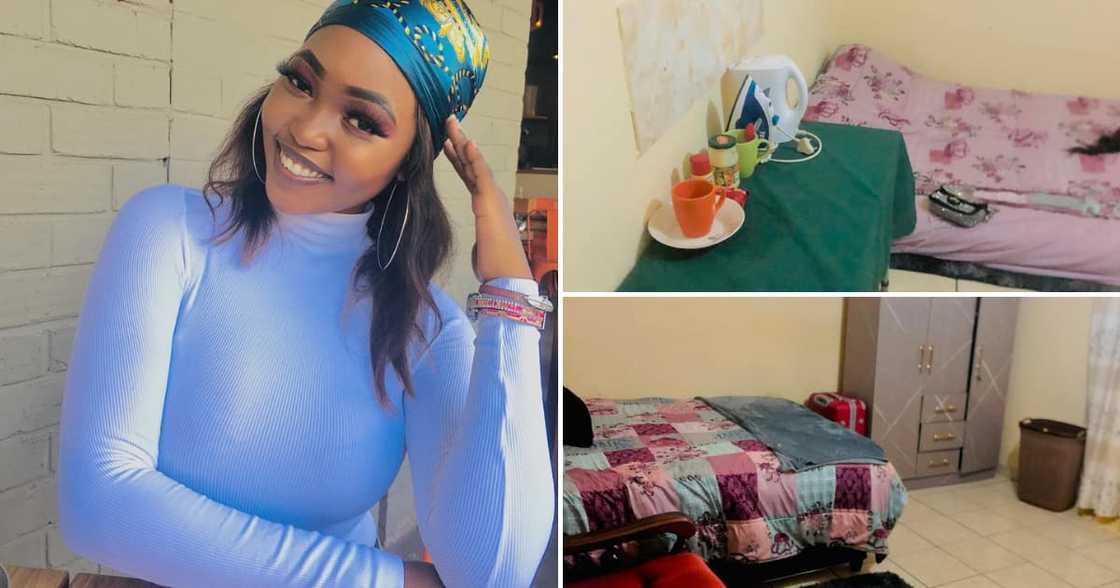 The lady has a bed after sleeping on a sponge mattress The lady has a bed after sleeping on a sponge mattress