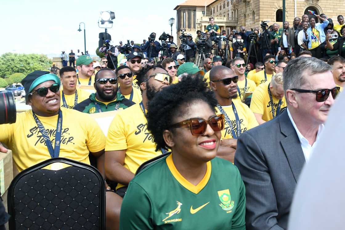 Khumbudzo Ntshavheni and Players during a Springboks Welcome Ceremony to the Union Buildings in Pretoria, South Africa. Khumbudzo Ntshavheni and Players during a Springboks Welcome Ceremony to the Union Buildings in Pretoria, South Africa.