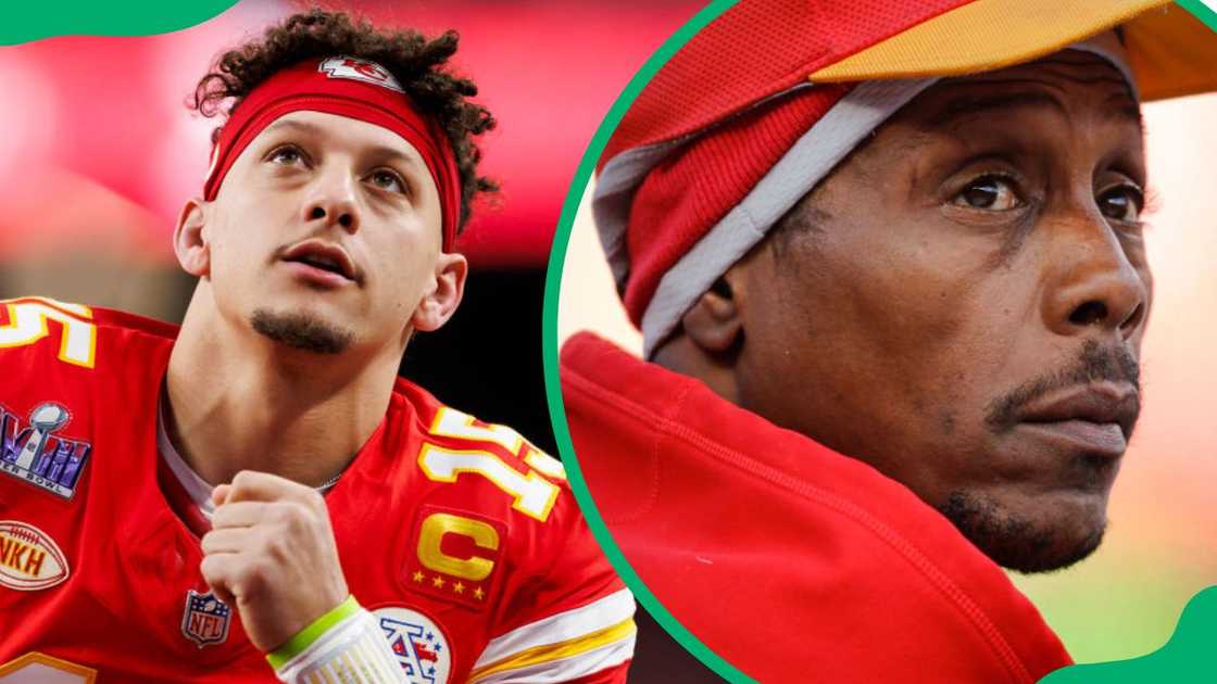 Mahomes II at a 2024 game against the San Francisco 49ers (L). Pat Sr. at his son's match against Oakland Raiders in 2018 (R)