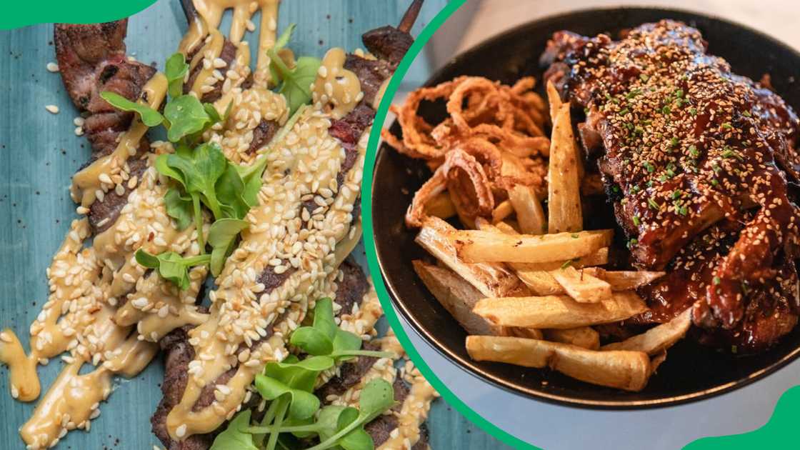 Beef satay (L). Fries and grilled meat (R) Beef satay (L). Fries and grilled meat (R)