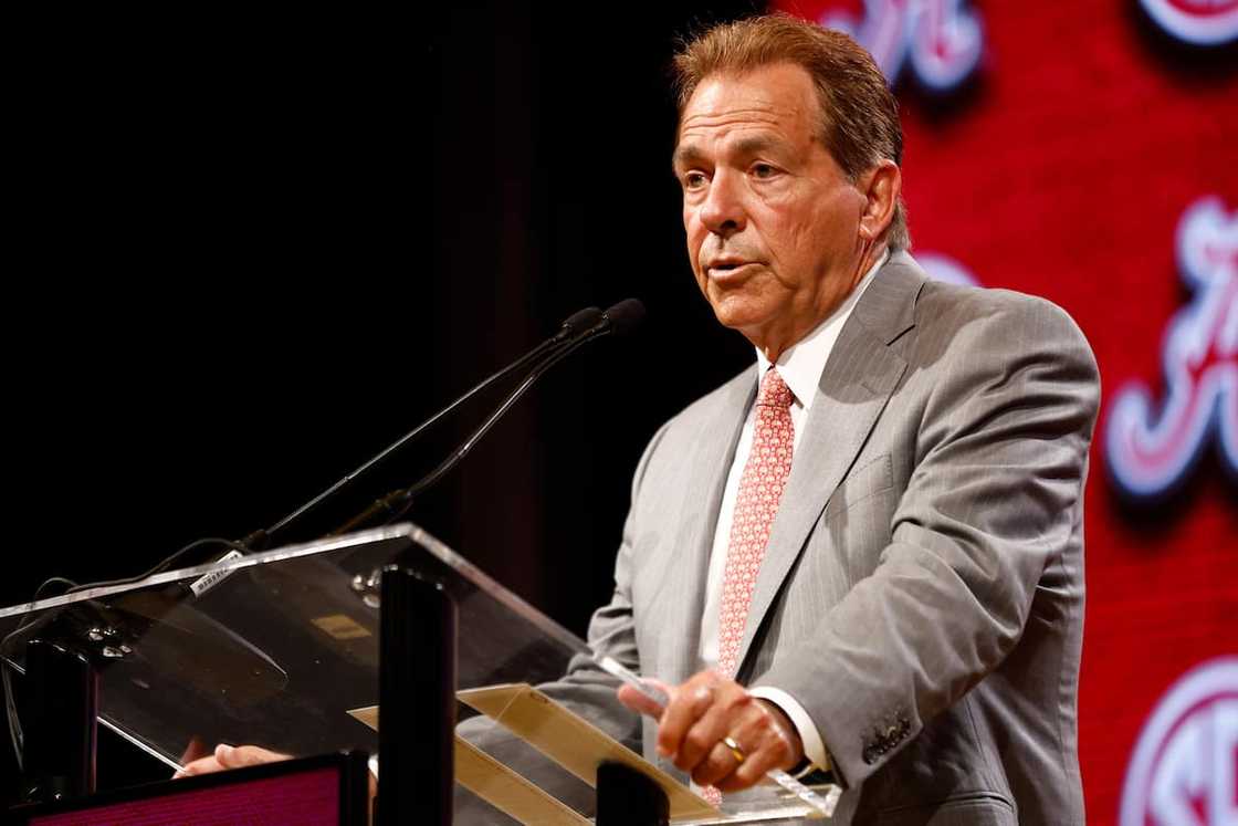 Nick Saban of the Alabama Crimson Tide speaks during the SEC Media Days