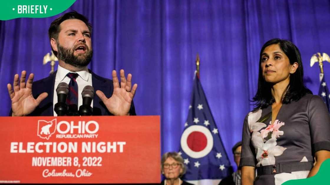 Political leader J.D. Vance with wife, Usha, during an election watch party at the Renaissance Hotel in 2022