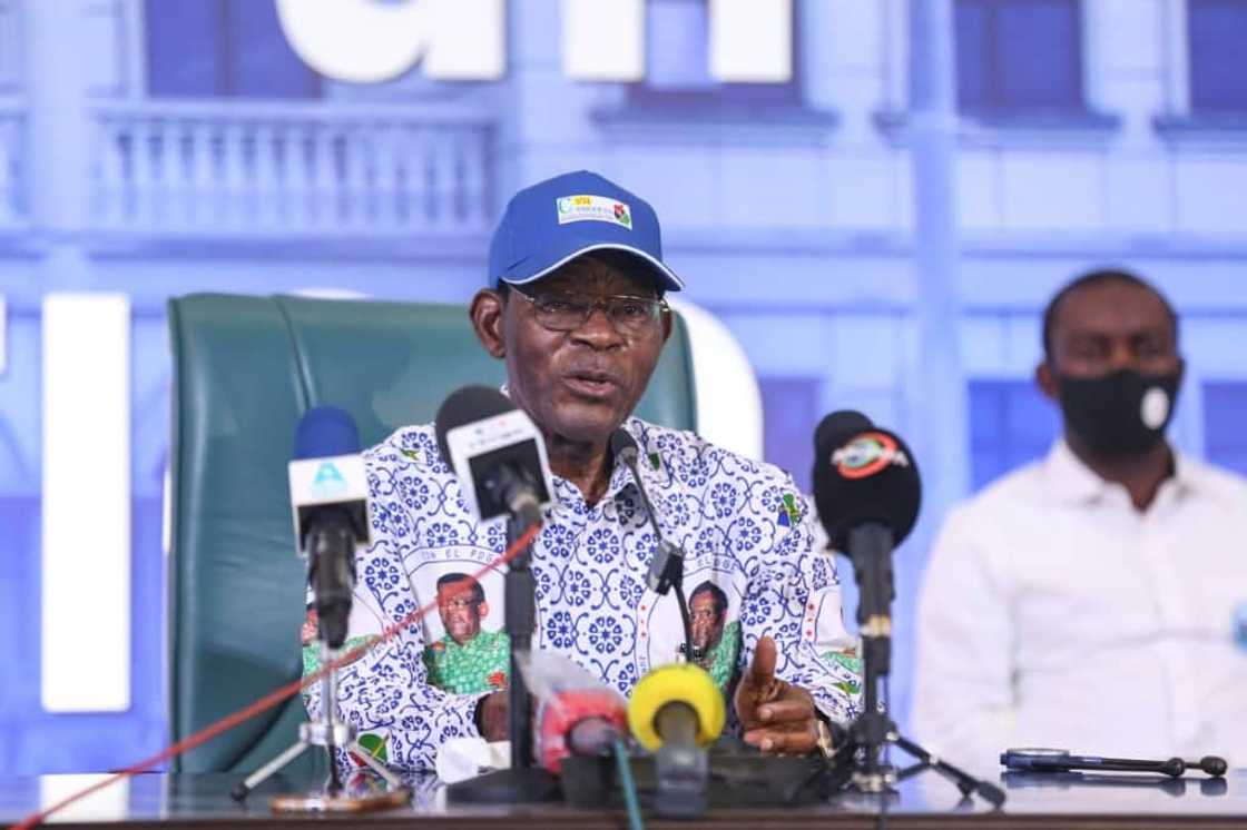 President Obiang, pictured at a 2021 press conference, came to power in a 1979 coup President Obiang, pictured at a 2021 press conference, came to power in a 1979 coup