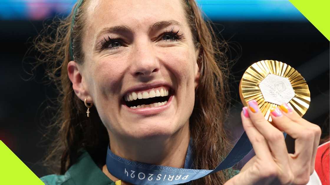 Tatjana Smith poses after winning the Women’s 100m Breaststroke Final at the Olympic Games Paris 2024 in Nanterre, France. Photo: Ian MacNicol.