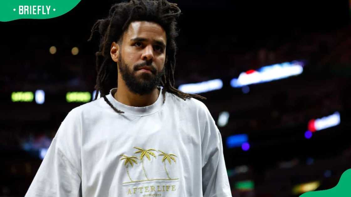 J. Cole during the 2023 NBA Finals between the Denver Nuggets and the Miami Heat at Kaseya Center in Miami, Florida J. Cole during the 2023 NBA Finals between the Denver Nuggets and the Miami Heat at Kaseya Center in Miami, Florida