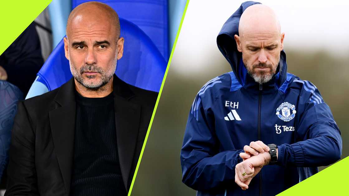 Pep Guardiola aimed a thinly-veiled message to Erik ten Hag as concerns grow about the latter's future at Manchester United. Photos by Christian Bruna and Charlotte Tattersall.